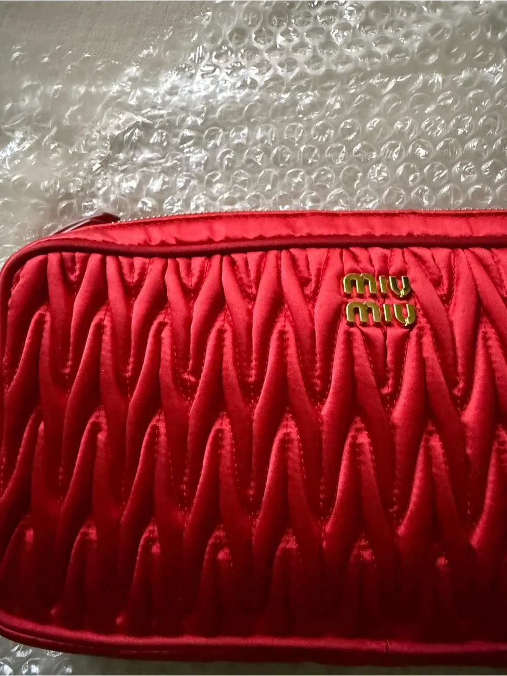 Miu Miu Red Quilted Matelassé Cosmetic Pouch with Gold Logo